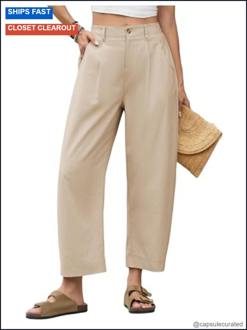 High Waisted Barrel Wide Leg Capri Pants Cotton Linen Blend Casual Palazzo